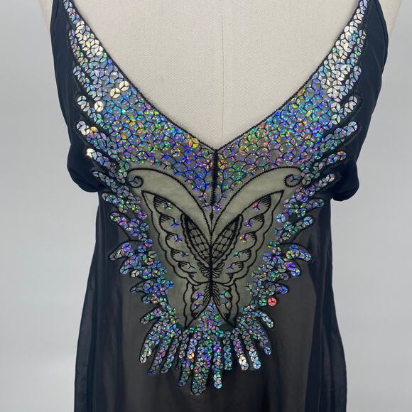 Vintage Y2k Iridescent Sequin Butterfly Nightgown Sheer Maxi Black Womens 2/4 - Picture 4 of 12